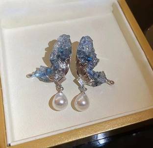 BLINGEE Crystal Butterfly Pearl Drop Korean Earrings For Women Girls Trendy Pearl, Crystal Alloy Earring Set, Drops & Danglers