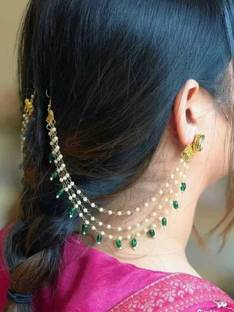 SRJ Green Beads & White Pearls Ear Chains, Kaan Chains, Hair Accessory (Pair) Alloy Earring Set
