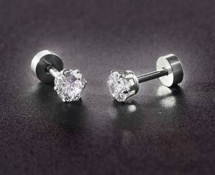 Crazy Fashion Silver Glittering White Crystal Studs Cubic Zirconia Stud Earring for Men/Boys/Women/Girls (1 Pair) Cubic Zirconia Metal Stud Earring