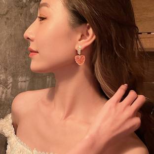 Vembley Korean Pink Love Heart Crystal Drop Earrings For Women & Girls Crystal Alloy Drops & Danglers