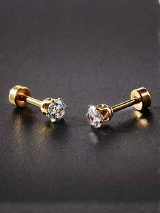 HOUSEOFTRENDZZ Gold Small Round Crystal Cute Plain Simple for Mens Stainless Steel Zircon Metal Stud Earring