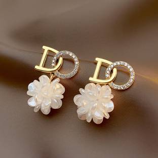 DESTINY JEWEL'S Gold Plated Korean Style Stone Decor DO Letter With White Flower Decor Earrings Cubic Zirconia Alloy Drops & Danglers