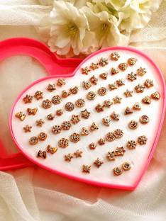 DIVINE 36 Pairs Gold White stones with Heart Box for Girls, Women(1 Box) Plastic Stud Earring