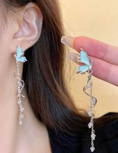 yogi Korean Blue Unique Tassel Decor Earrings & Studs Zircon Alloy Tassel Earring