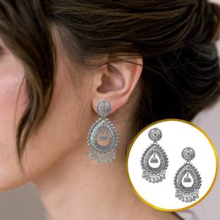 THANU'S CRAFT Silver Oxidized Tear Drop Chandbali Earring Jhumka Jhumki Set Drop Hangings Metal Jhumki Earring