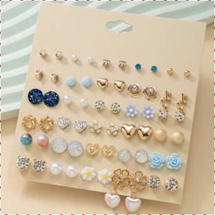 Zaphariq Set Of 30 Pair of Crystal And Pearl Stud Earring For Women And Girls Cubic Zirconia Alloy Stud Earring
