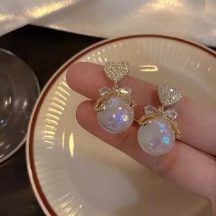 DIVISSHA Korean AD Heart themed Pearl Drop Earrings for Women Girls Brass Stud Earring