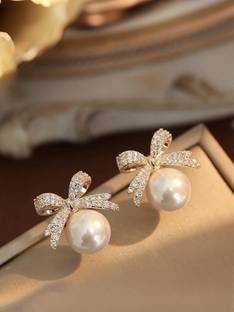 SashaJewelry Korean Gold-Plated Bow Shaped CZ Pearl Stud Earrings For Women & Girls Pearl, Diamond, Cubic Zirconia Alloy Stud Earring