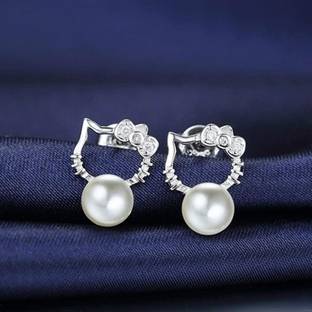MYKI Hello Kitty Cute Cat Pearl Earring for women & girls Swarovski Zirconia Sterling Silver Drops & Danglers