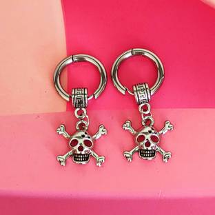 Sullery Men Style Skull Charm Drop Huggie Earring Metal Hoop Earring Stainless Steel Clip-on Earring