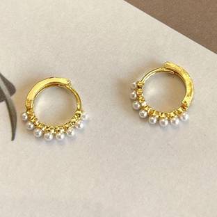 Bawree 18K Gold Plated Anti Tarnish Pearl Hoop Bali Earrings Crystal Metal Stud Earring