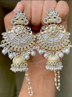varun creations kundan kan chain jumki Drop And Danglers Kundan Mirror Log White Jaco Moti Beads Alloy Earring Set