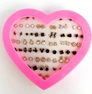 DIVINE Set of 36 Pair Mix Design Earrings with Heart Box for Women and Girls (1 Box) Plastic Stud Earring