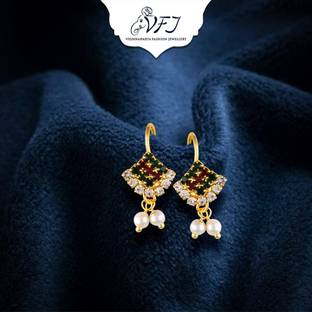 VIGHNAHARTA Artificial CZ Stones and Pearls Press Bugadi Earrings for Women and Girls Pearl Alloy Earring Set