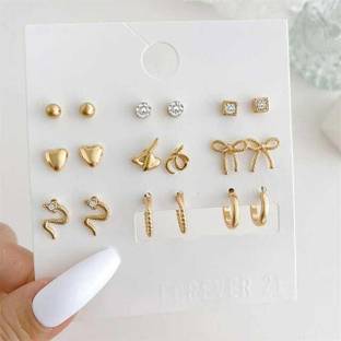 YU Fashions Yu Fashions Golden Bow Snake Crystals Pearl Cute Korean Earrings Pair of 9 Crystal Steel Earring Set
