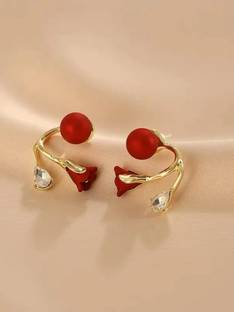 RAPPERSSHOP Red Rose Floral Crystal Ear Cuff Cubic Zirconia Brass Stud Earring, Plug Earring