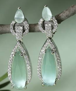 ZENEME Sea Green American Diamond studded Handcrafted Drop Earrings Cubic Zirconia Brass Drops & Danglers