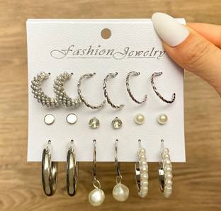 Vembley Vembley Combo Of 9 Pair Silver Plated Pearl,Stone,Hoops, And Stud Earrings Alloy Stud Earring, Hoop Earring