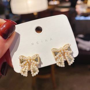 DESTINY JEWEL'S Gold Plated Trendy Small Needle Bow Knot Shape Korean Earrings Alloy Earring Set