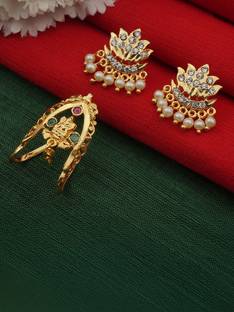 PINAAKA DARINI 1 gm Gold Coated Lakshmi Vanki Vangi Ring Pathnapu Ring Ungaram Pearl Alloy Earring Set