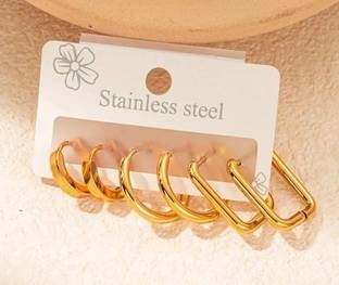 SHIMMERA Anti Tarnish Gold Plated Round Rectangle Stainless Steel Hoop Earring