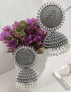 DECOLOGY Beautiful & Attractive Big Kundan Jhumka earrings for Girls and Women. (Silver Color) Brass Jhumki Earring