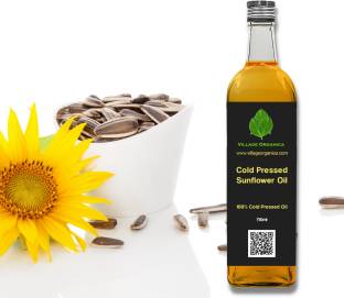 Village Organica Cold Pressed Sunflower Oil | Single Pressed from Handpicked Sunflower Seeds | Glass Bottle | (750ml) | Sunflower Oil Plastic Bottle