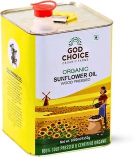 God Choice Organic Farms Pure & Organic Sunflower Oil 5 Litre | 100% Wood Pressed and Cold Pressed Sunflower Oil Tin