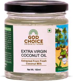 God Choice Organic Farms Organic & Pure Extra Virgin Coconut Oil 150 ML for Cooking, Massage and Hair Coconut Oil Glass Bottle