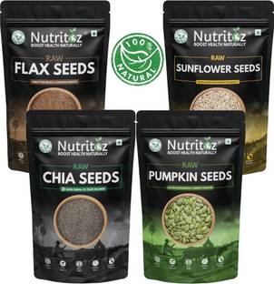 Nutritoz Raw Chia Seeds, Flax, Pumpkin & Sunflower Seeds Combo Pack | 100GM Pack of 4 | Chia Seeds, Brown Flax Seeds, Sunflower Seeds, Pumpkin Seeds