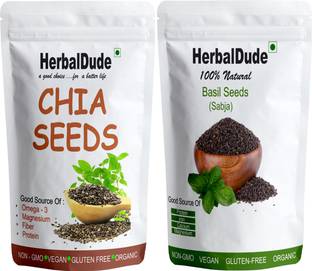 HERBALDUDE CHIA & SABJA SEEDS ( 100 GM EACH ) Chia Seeds, Basil Seeds (200 g, Pack of 2) Chia Seeds, Basil Seeds