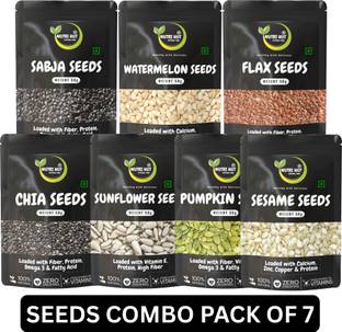 Nutri Hut Super Seeds Combo Pack of 7 | Eating for Healthy Diet, Immunity Booster Chia Seeds, Pumpkin Seeds, Sunflower Seeds, Watermelon Seeds, Sesame Seeds, Golden Flax Seeds, Basil Seeds