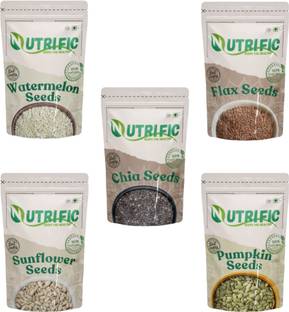 Nutrific Seeds Combo Pack | Raw Edible Seeds | Seeds Combo (100gm Each) Chia Seeds, Sunflower Seeds, Pumpkin Seeds, Watermelon Seeds, Brown Flax Seeds
