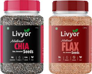 LIVYOR Combo Chia Seeds & Flax Seeds for Weight loss - Protein and Fiber Rich Super Food Chia Seeds, Brown Flax Seeds