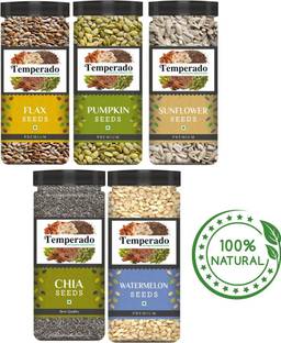Temperado Seeds Combo| Watermelon, Pumpkin, Sunflower, Flax, Chia Seeds| Jar (200gm*5 ) Chia Seeds, Brown Flax Seeds, Sunflower Seeds, Pumpkin Seeds, Watermelon Seeds