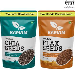 Ramam Chia & Flax Seeds Combo | High Dietary Fiber & Protein |Omega 3| Black Chia Seeds, Brown Flax Seeds