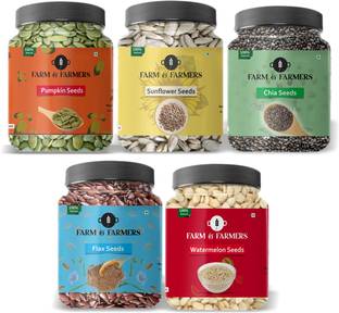 Farm & Farmers Combo of All Edible Seeds Pack- Raw Chia, Pumpkin, Sunflower, Flax, Watermelon Seeds 100GM Each Chia Seeds, Brown Flax Seeds, Pumpkin Seeds, Sunflower Seeds, Watermelon Seeds