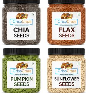 crispcraze seeds combo pumpkin , chia , sunflower , flax seed 200g each Chia Seeds, Brown Flax Seeds, Pumpkin Seeds, Sunflower Seeds