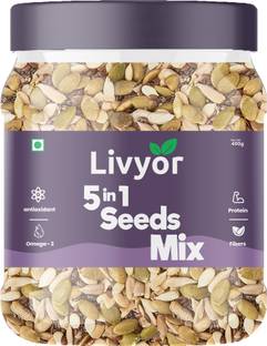 LIVYOR 5-in-1 Seeds Mix | Raw Seeds for Eating | Mix Seeds Combo | Protein & Fiber Rich Chia Seeds, Brown Flax Seeds, Pumpkin Seeds, Sunflower Seeds, Watermelon Seeds