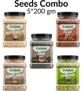Nutrific Seeds Combo Pack | Raw Edible Seeds | Seeds Combo (200gm Each) Chia Seeds, Sunflower Seeds, Pumpkin Seeds, Watermelon Seeds, Brown Flax Seeds