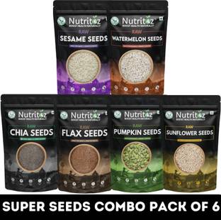 Nutritoz Raw Seeds Combo Pack Of 6 (50G Each) for Weight Loss with Omega-3 & Fiber Rich Chia Seeds, Brown Flax Seeds, Pumpkin Seeds, Sunflower Seeds, Watermelon Seeds, Sesame Seeds