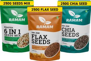 Ramam Roasted 6 in 1 Mix Seeds & Raw Chia Seeds with Flax Seeds Black Chia Seeds, Brown Flax Seeds, Mixed Seeds