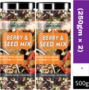 mickno organics 500 Gm Berry & Seed Mix Trail Mix Protein Mix - Chia Seeds , Flax Seeds , Cranberry , Blueberry , Pumpkin Seeds , Sunflower Seeds , Red Cherry Healthy Breakfast Pack of 2 Mixed Seeds