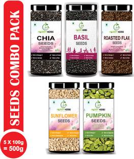 Hobby Herbs Pumpkin, Sunflower, Basil, Chia & Roasted Flax Seeds Combo Pack 500g ( 5x100g) | Pumpkin Seeds, Sunflower Seeds, Roasted Flax Seeds, Basil Seeds, Chia Seeds