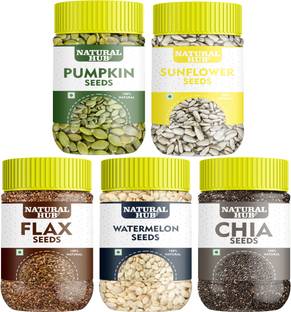 Natural Hub Combo of All Edible Seeds Each 100g Pumpkin Seeds, Sunflower Seeds, Brown Flax Seeds, Watermelon Seeds, Chia Seeds