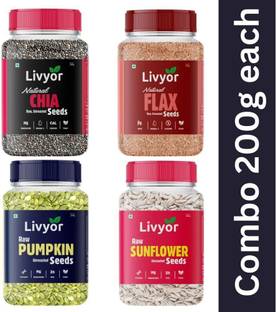 LIVYOR Raw Chia, Flax, Pumpkin, Sunflower Combo for Weight Loss Mix Seeds for eating Chia Seeds, Brown Flax Seeds, Pumpkin Seeds, Sunflower Seeds