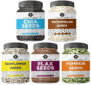 Farm & Farmers Combo of All Edible Seeds Pack- Raw Chia, Pumpkin, Sunflower, Flax, Watermelon Seeds 100GM Each Chia Seeds, Brown Flax Seeds, Pumpkin Seeds, Sunflower Seeds, Watermelon Seeds