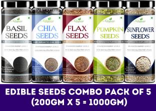 Natupure Raw Edible Seeds Value Combo Pack Basil Seeds, Chia Seeds, Brown Flax Seeds, Pumpkin Seeds, Sunflower Seeds