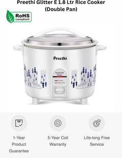 Preethi Glitter E 1.8 Ltr (Double Pan) Rice Cooker, Egg Boiler, Egg Cooker, Food Steamer, Electric Pressure Cooker, Travel Cooker