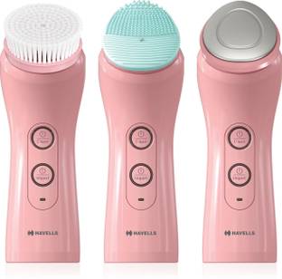 HAVELLS SC5070 Facial Cleanser, with 3 Heads for Exfoliation, Cleaning and Iontophoresis, Smart Alert to Assist Usage, Rechargeable (Pink) Facial Cleanser System & Brush